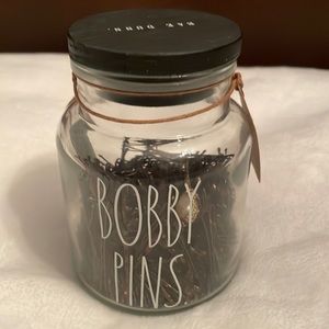 Used small Rae Dunn glass bobby pins jar (bobby pins, not included)